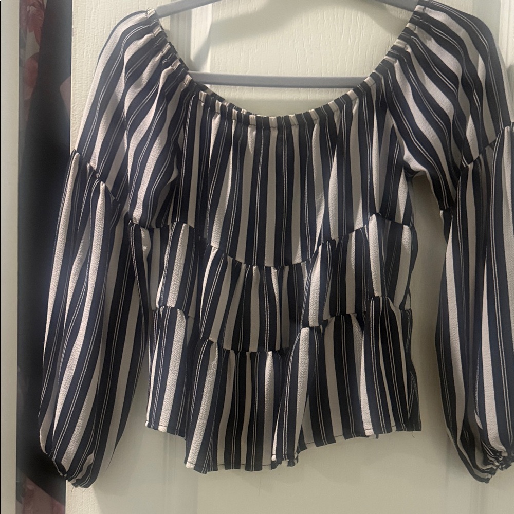 Peach Love California Black and White Striped Blouse cropped